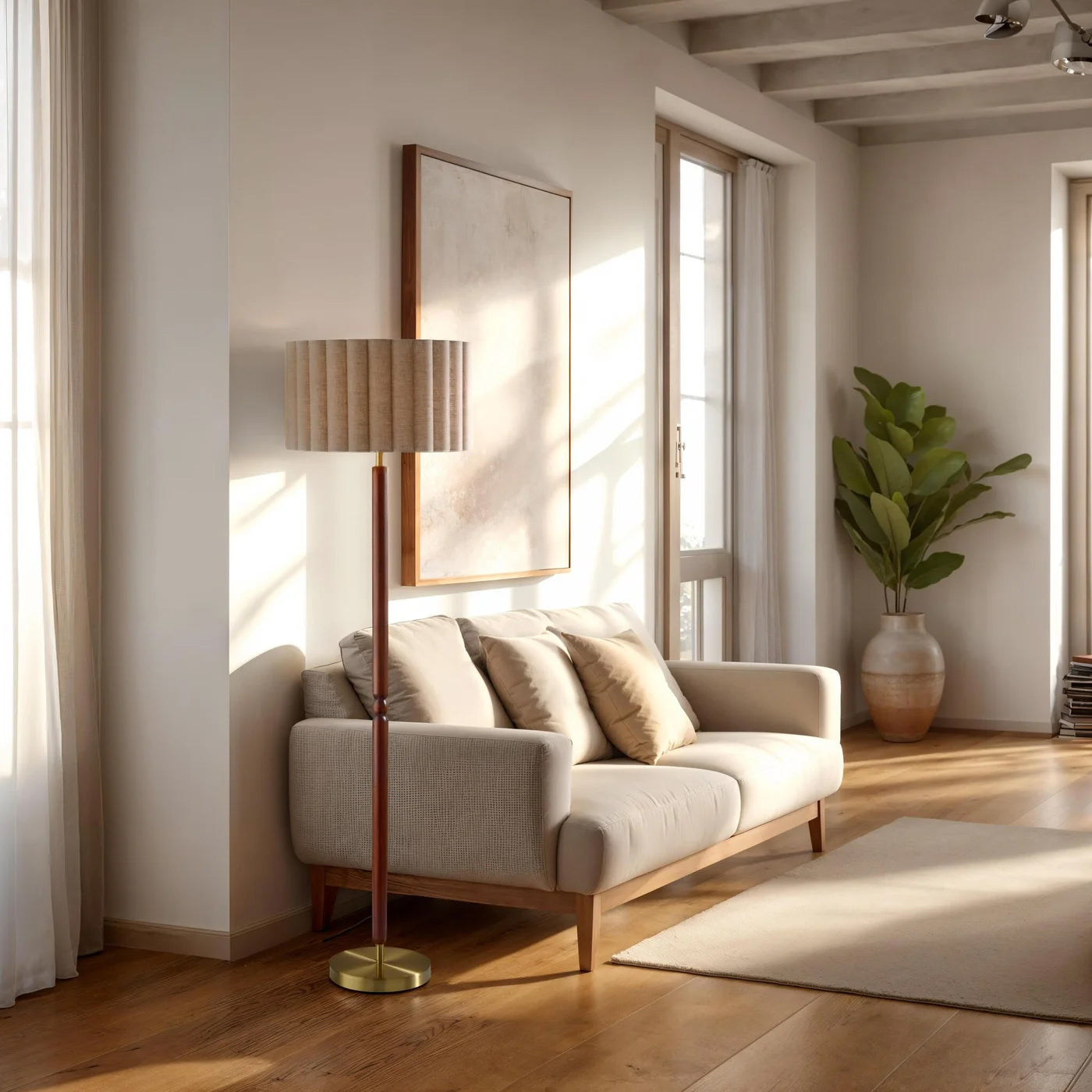 Lampe de plancher LAINE en laiton antique et noyer — 4344-15 — Luminaire Expert