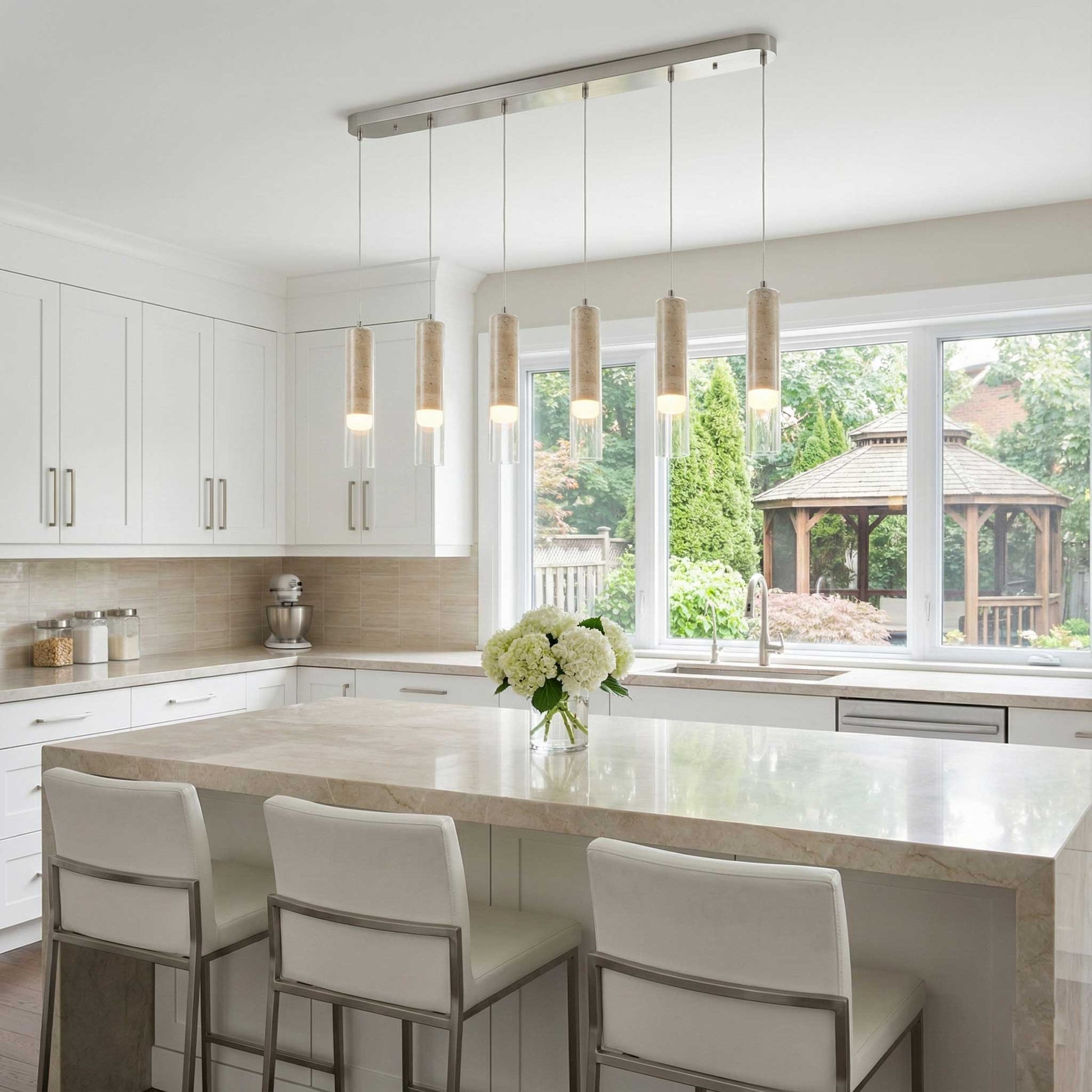Suspension ZARA en nickel brossé et travertin — AC5106BN — Luminaire Expert